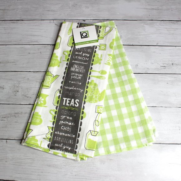 Living Quarters Kitchen Towel Set Green White Tea Pots 100% Cotton - Picture 2 of 6